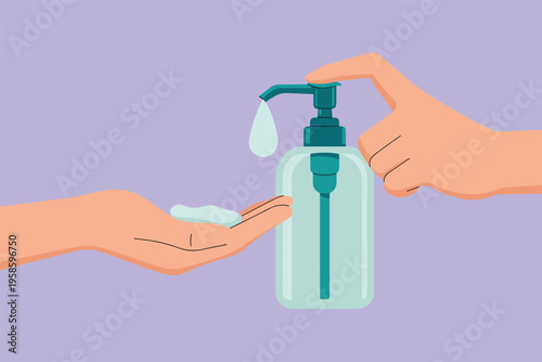 Person using hand sanitizer from a dispenser, hygiene health concept