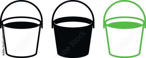 Three differently shaded buckets with handles shown in a row.