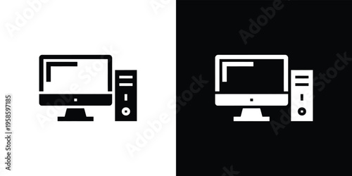 Computer monitor and tower in black and white desktop