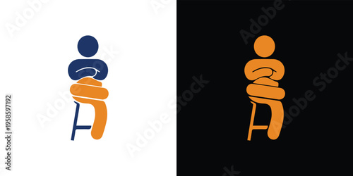 Orange and blue sitting human figure on stool against white and black background