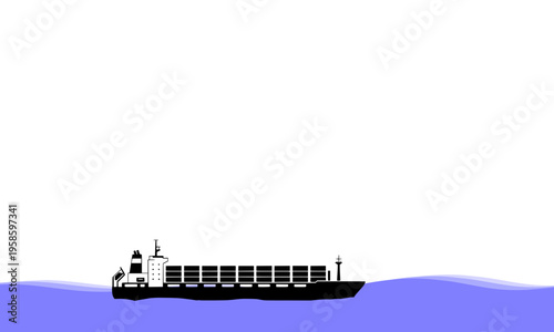  Black cargo container ship sailing on blue ocean waves with a clean white background, depicting global maritime freight shipping and international sea transport in a minimalist vector illustration