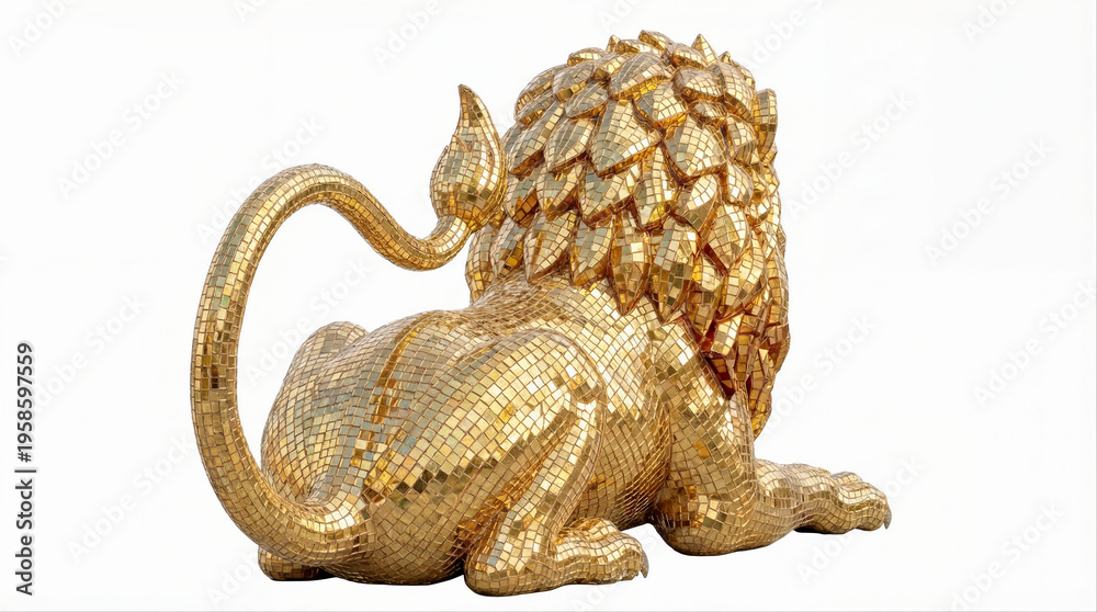 Obraz premium Rear View of Gold Mosaic Reclining Lion Statue Isolated on White Background