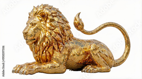 Gold Mosaic Reclining Lion Statue Isolated on White Background