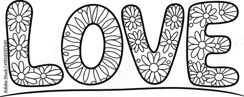 Bold black outline letters spelling LOVE filled completely with cheerful stylized daisy flowers
