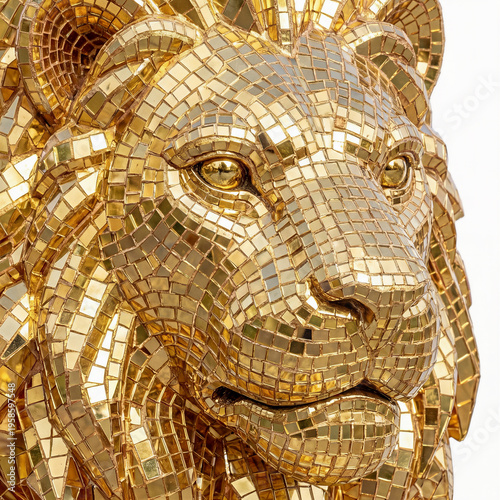Close Up of Gold Mosaic Lion Face with Reflective Tiles