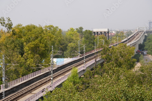 Elevated Metro Train Track Passing Through Green Urban Landscape in India