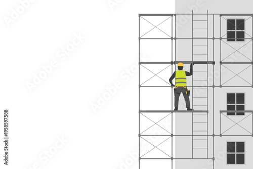 Construction Worker on Scaffolding, construction industry concept with copy space