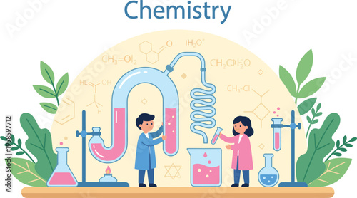 Flat vector illustration of young scientists conducting chemical experiments with laboratory glassware and colorful formulas for science education and research concepts