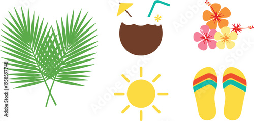 Summer beach elements set with palm leaves coconut drink sun flip flops tropical vector illustration collection