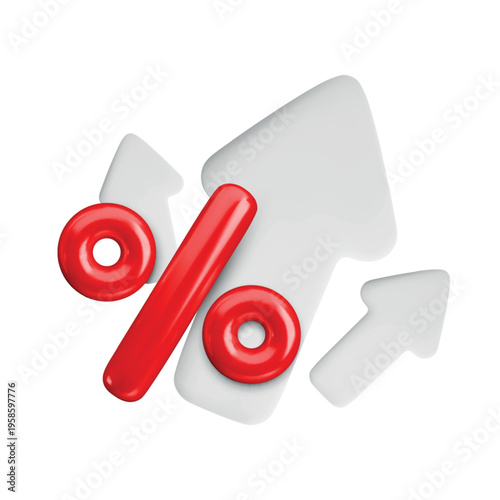 Vector cartoon 3d percent increase concept. Cute realistic red percentage sign with white arrows up. 3d render percentage growth icon for business chart, financial rate increase, loan rise cost.