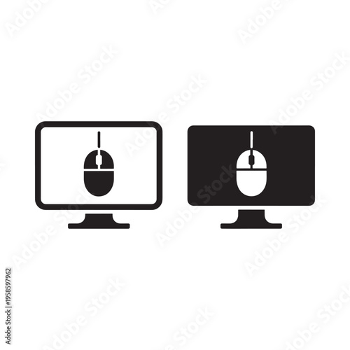 Two computer monitors displaying a mouse cursor in black and white