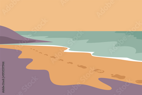 Flat Illustration of Beach with Footprints, beach travel concept with copy space