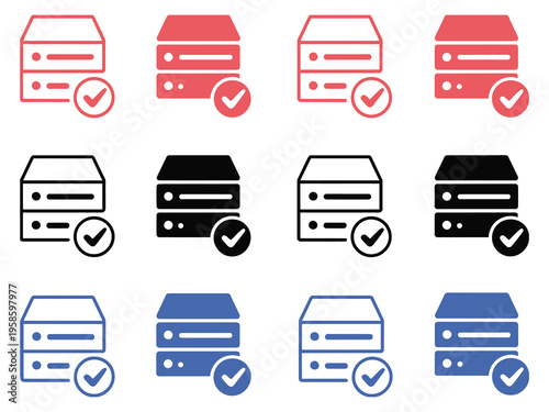 Database server icons with check and cross marks for data management and system status approval, clean outline vector collection