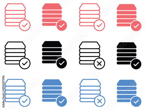 Database server icons with check and cross marks for data management and system status approval, vector illustration set for IT, cloud computing, and network monitoring interfaces