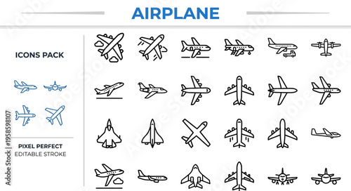 Airplane Outline Vector Icon Set — Jet, Aircraft, Aviation, Flight and Military Plane Symbols