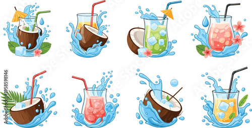 Tropical cocktail drinks set with coconut fruit beverages splashes summer refreshment cartoon vector illustration collection