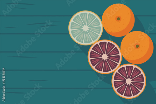 Colorful Citrus Fruits Flat Lay Illustration on Wooden Background, healthy food concept