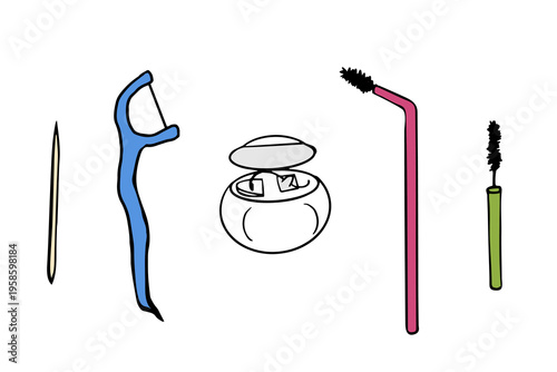 set of interdental cleaning tools: toothpick, floss pick, dental floss, and brushes. Hand drawn doodle vector collection, isolated. for oral hygiene and dental care illustrations