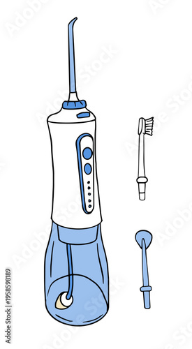 portable oral irrigator, or water flosser, with interchangeable nozzles. This hand drawn doodle vector set is isolated, perfect for dental hygiene and modern oral care concepts.