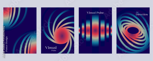 Abstract gradient poster set with dynamic spiral shapes and modern visual pulse design. Minimalist style cover template. Ideal design for social media, cover, banner, flyer