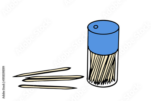 wooden toothpicks with a plastic dispenser for oral hygiene. isolated doodle set, hand drawn vector for dental care illustrations, icons, or restaurant graphics.