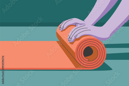 Hands Rolling Up Yoga Mat, fitness lifestyle concept