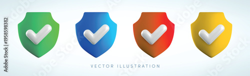 Vector Realistic 3d color shield with tick verification icon set. Cartoon 3d green, blue, red, yellow render of data protection approved symbol, safe payment guarantee, security checkmark notification