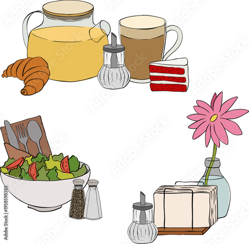 Tea time Cafe composition set hand drawn illustration. Vector graphic line ink art. Silhouette sign for logo, print, comics, fashion, pop art, boards, design, stickers, decoration, posters