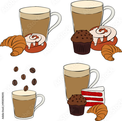 coffee, desserts set. Coffee beverages, cappuccino in glass with straw, cup with bakery, croissant, cookies, cupcake, muffin. Cafe composition set illustration. Vector graphic line ink art.