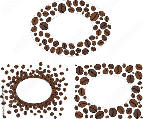 Coffee beans decoration element. Frame template set Oval Cafe hand drawn illustration. Vector graphic line ink art. for package, holiday design, fabric and textile.
