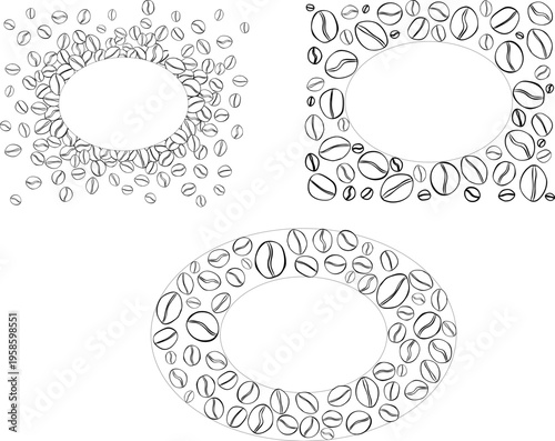 Coffee beans decoration element. Frame template Black and white set Oval Cafe hand drawn illustration. Vector graphic line ink art. for package, holiday design, fabric and textile.