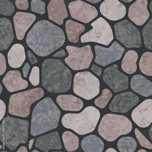 Abstract paving stone seamless patten. Vector cobblestone mosaic shapes natural grey brown textured background. Rubble stone print. Geometric irregular gravel tile texture for fabric, textile, fashion