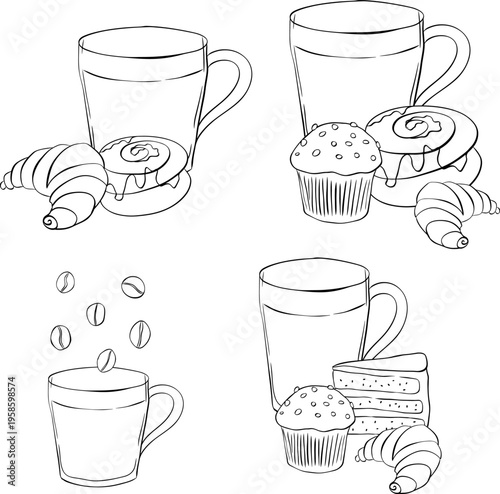 coffee, desserts set. black and white Coffee beverages, cappuccino in glass with straw, croissant, cookies, cupcake, muffin. Cafe composition set illustration. Vector graphic line ink art.