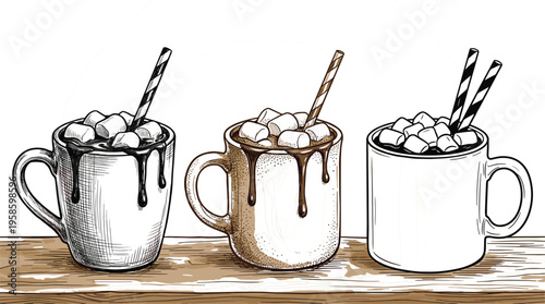 Hand drawn sketch of hot chocolate mugs with marshmallows and straws on wooden table for winter cafe menu and cozy holiday beverage promotion