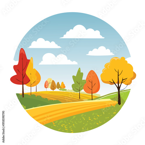 Autumnal landscape with colorful trees and fields under a bright blue sky