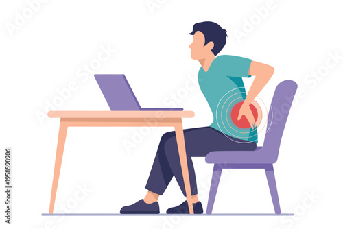 Man suffering from back pain while working at a desk, office health concept
