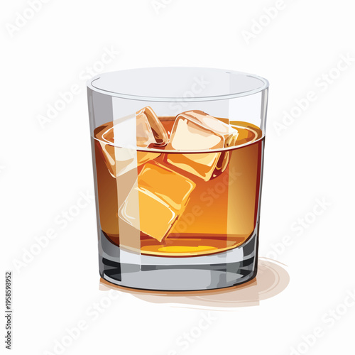 Glass of whiskey with ice cubes isolated on white background illustration