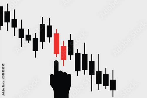 Hand Pointing at Bearish Candlestick Chart, stock market concept