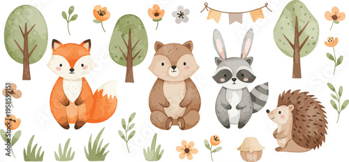 Watercolor illustration of cute baby dinosaurs and eggs in a prehistoric setting