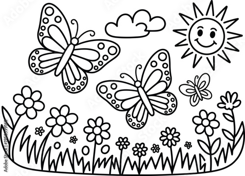 Cheerful butterflies flutter above a field of various flowers on a bright sunny day