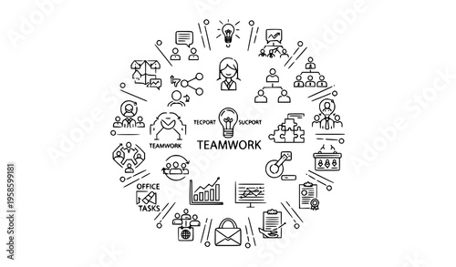 Modern thin line business teamwork icons in radial layout editable stroke cooperation and office symbols set