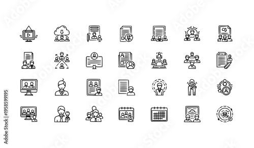 Minimal thin line team collaboration icons set editable stroke business workflow and coworker symbols collection