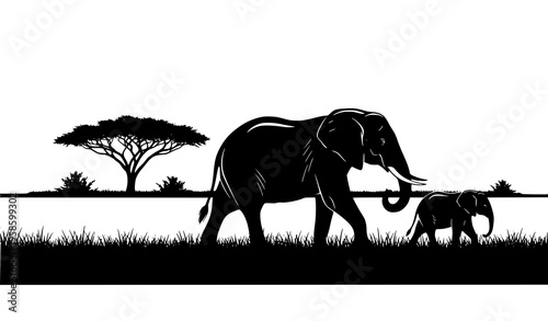 Elephant and calf silhouettes in savanna with acacia tree minimal wildlife vector illustration