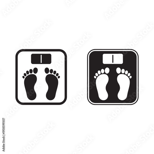Black and white illustrations of bathroom scales with foot imprints