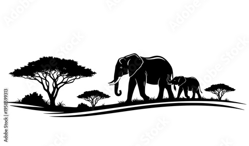 Stylized elephant family silhouettes with acacia tree dynamic savanna wildlife vector scene