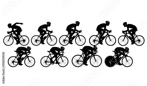 Cyclist silhouettes set racing and training positions black bicycle riders minimal vector illustration