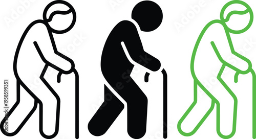 Elderly person using a cane in three different styles of illustration