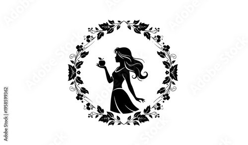 Woman silhouette holding apple in ornate floral frame elegant fairy tale vector illustration