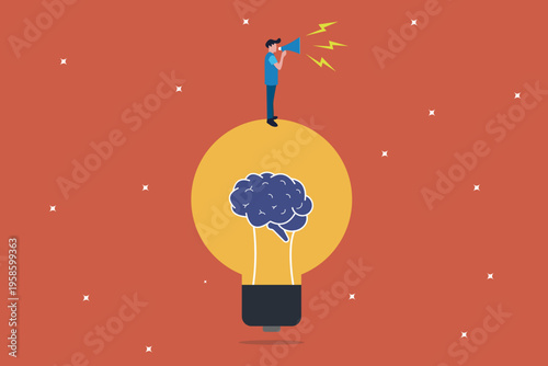 Businessman standing on a large lightbulb using a megaphone to analyze information, creativity, social issues, rumors and Announcement