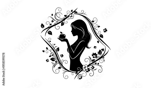 Stylized woman silhouette with apple surrounded by decorative floral frame fantasy vector design